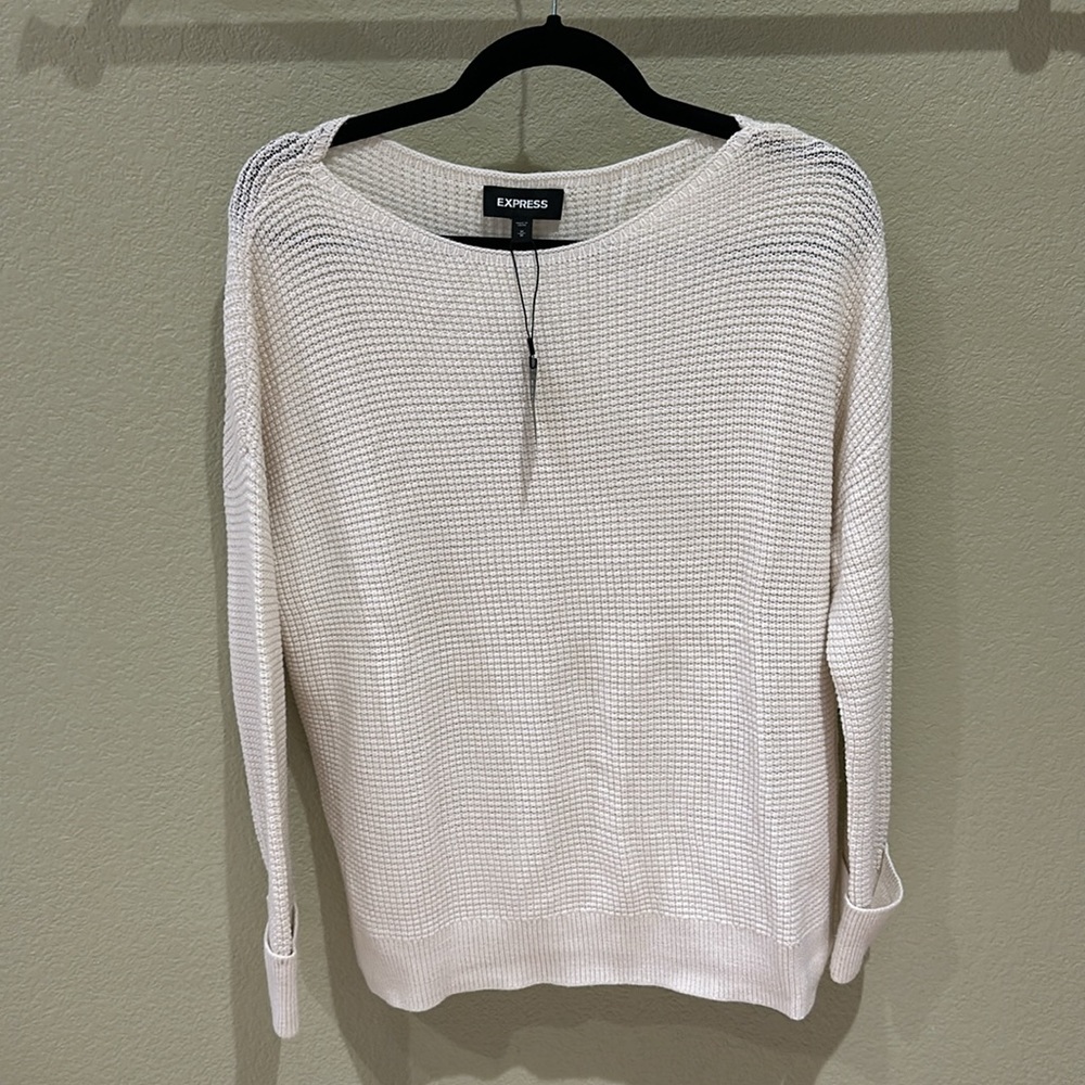 BNWT Express Thermal Stitch Waffle Tunic Sweater M Flax Off White